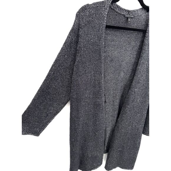 EILEEN FISHER Black Silver Metallic Linen Long Open Cardigan Size L Large - Picture 3 of 8
